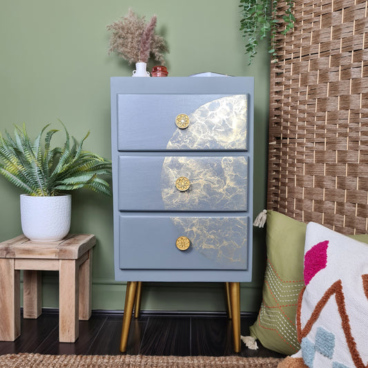 Upcycled Bedside Table with Moon Design & Gold Legs