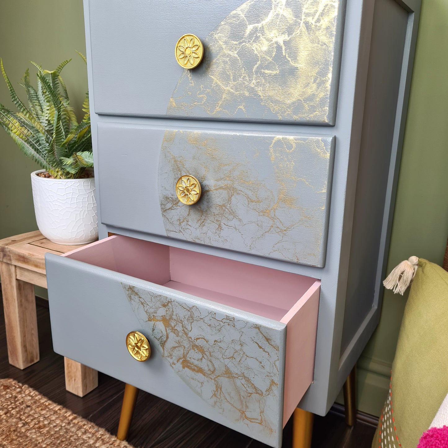 Upcycled Bedside Table with Moon Design & Gold Legs