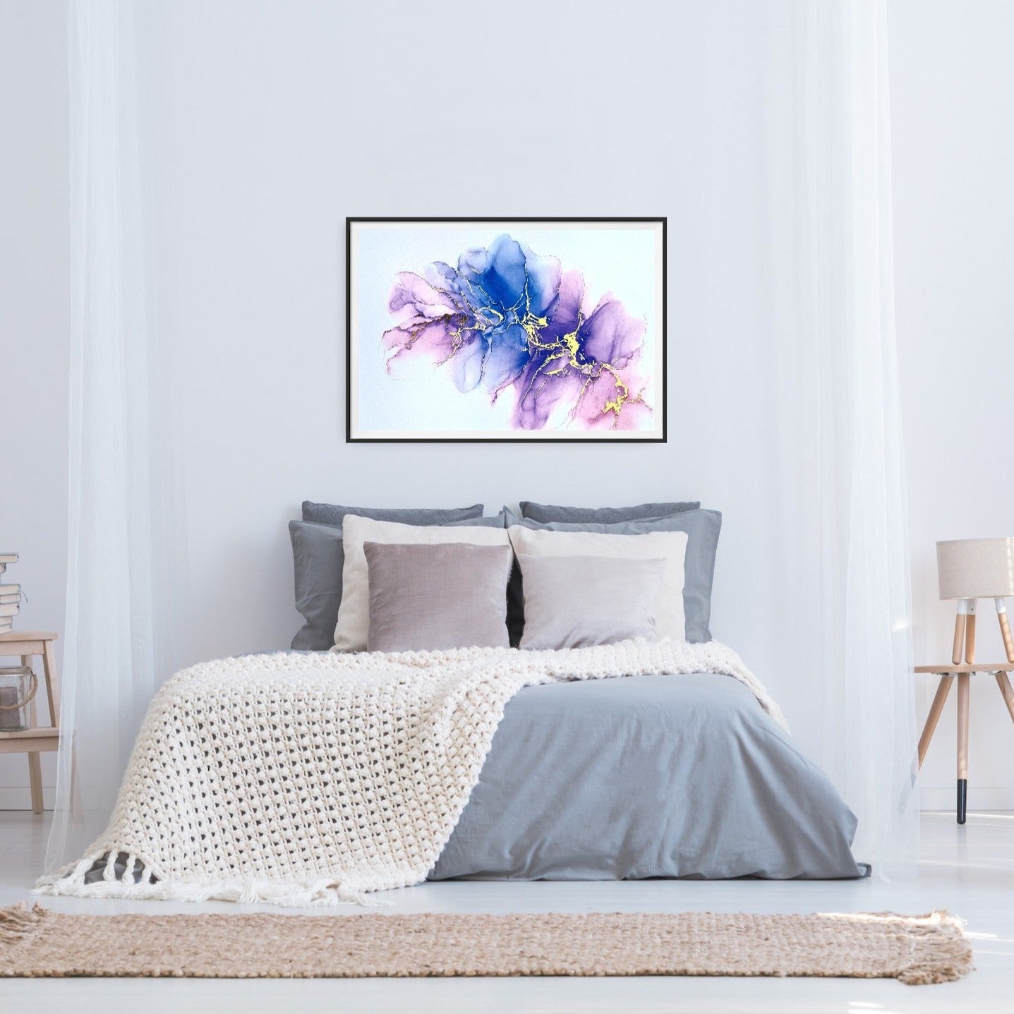 luxury art print framed above a bed in a calming bedroom